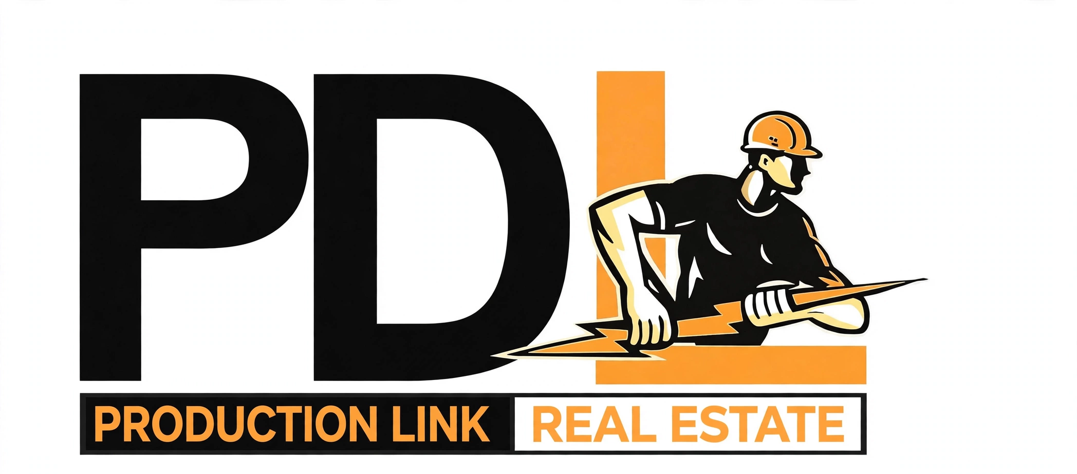 Production Link N.V. Real Estate logo — PDI mark with a worker illustration and orange banner lettering