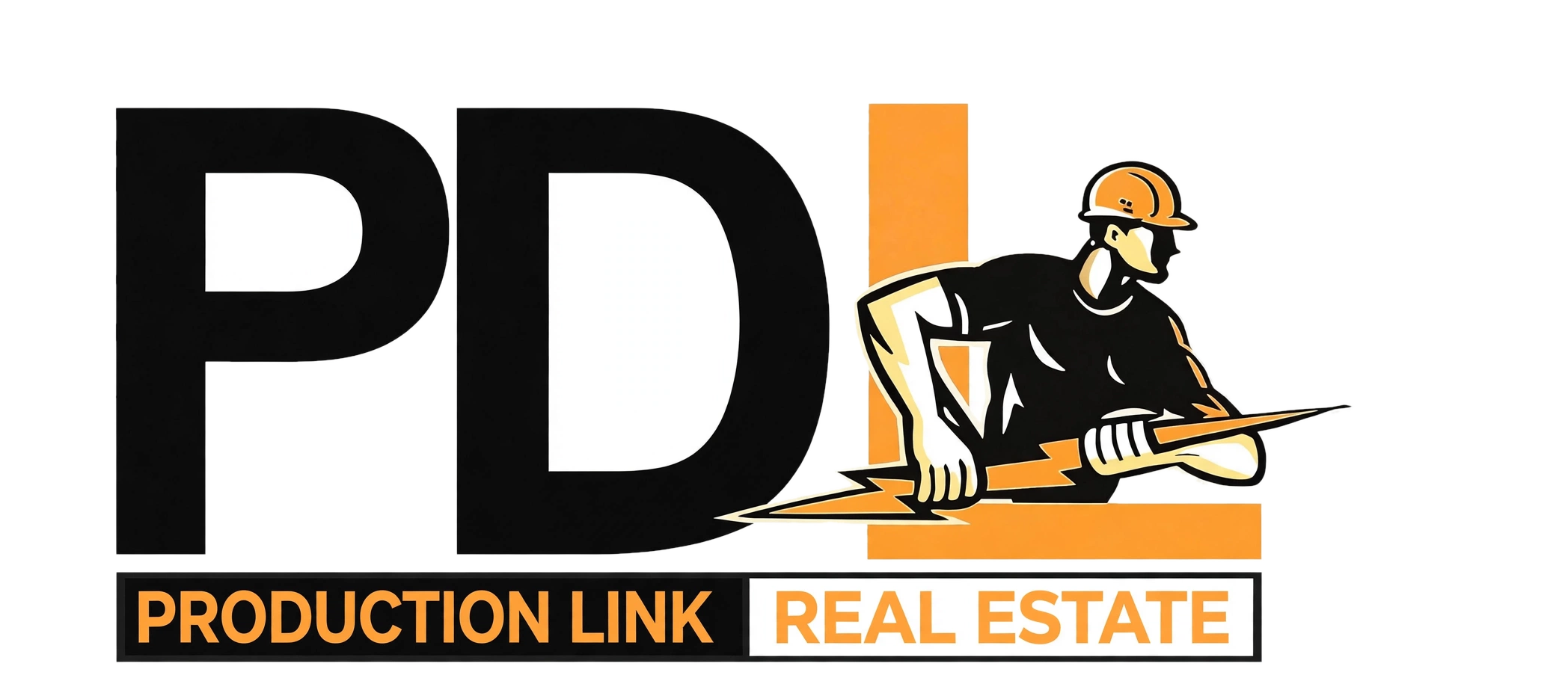 Production Link N.V. Real Estate logo — PDI mark with a worker illustration and orange banner lettering